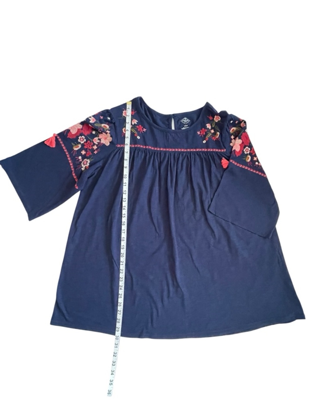 St. John's Bay Navy Tunic, Pink & Red Floral Embroidery, 3/4 sleeve, Tassels XXL - Picture 9 of 9